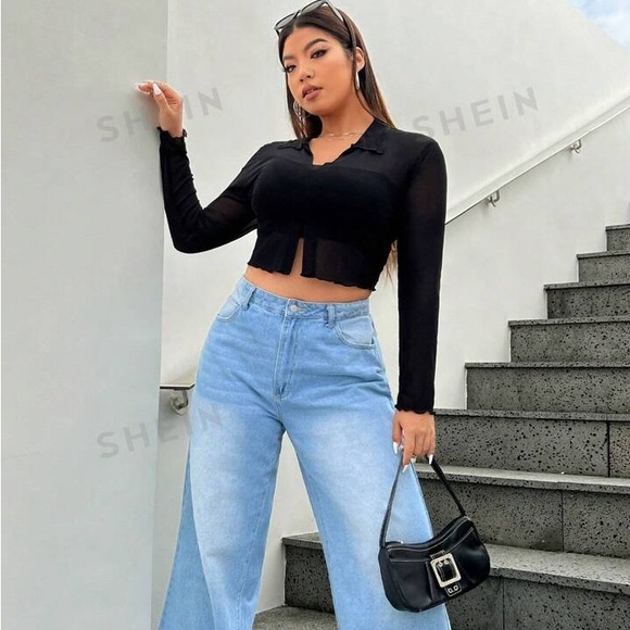 SHEIN Sheer Long Sleeve V-Neck Collared Mesh Black Crop Top EUC - Picture 9 of 9